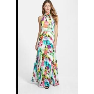 ELIZA J Maxi Dress Floral Print Watercolor Plisse Pleated Halter Smocked Chiffon